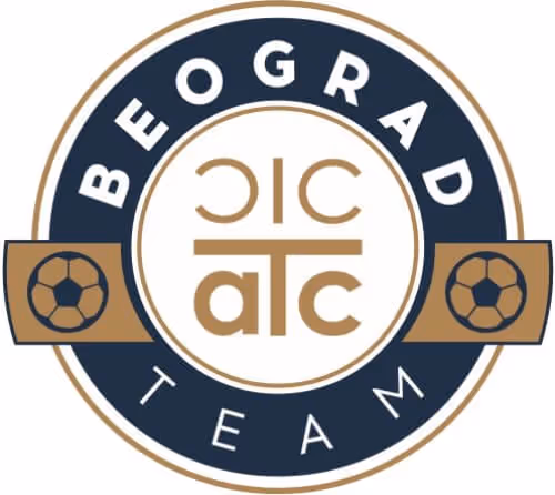 Circular logo with text 'Beograd Team' surrounding stylized letters 'atc' and two soccer balls on either side.
