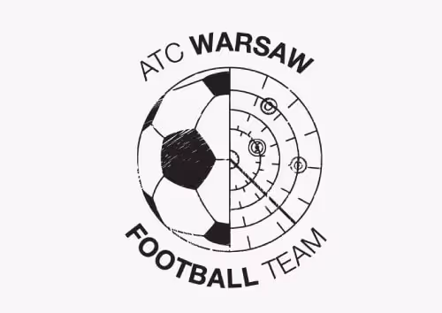 Logo of ATC Warsaw Football Team featuring half a soccer ball and half a radar screen.