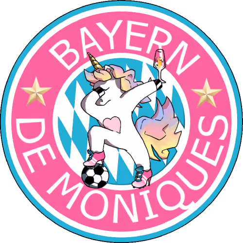Pink circular emblem with a dabbing unicorn wearing pink boots, holding a wine glass, standing on a soccer ball, with blue and white diamond pattern background and text 'BAYERN DE MONIQUES'.