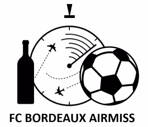 Logo showing a black wine bottle, a radar screen tracking two airplanes, and a soccer ball with the text FC BORDEAUX AIRMISS below.