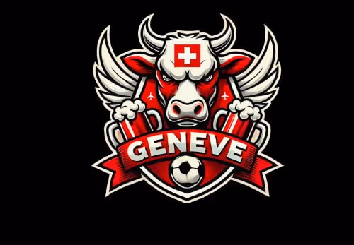 Logo of an angry bull with wings, a Swiss flag on its forehead, holding a red banner that reads 'GENEVE' with a soccer ball below.