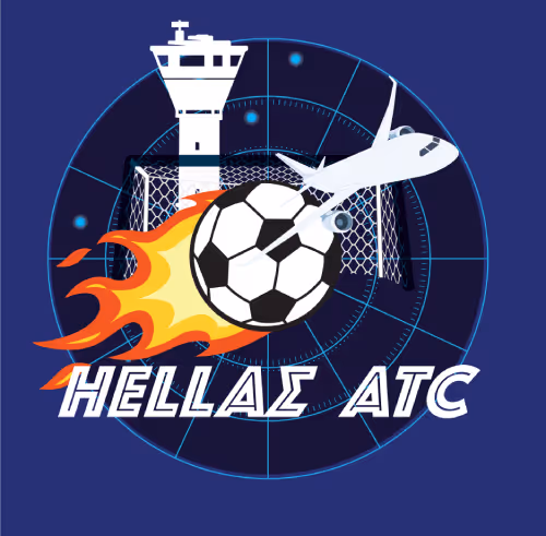 Logo featuring an air traffic control tower, a flaming soccer ball, a soccer goal, and an airplane with text 'HELLAS ATC' on a dark blue background.