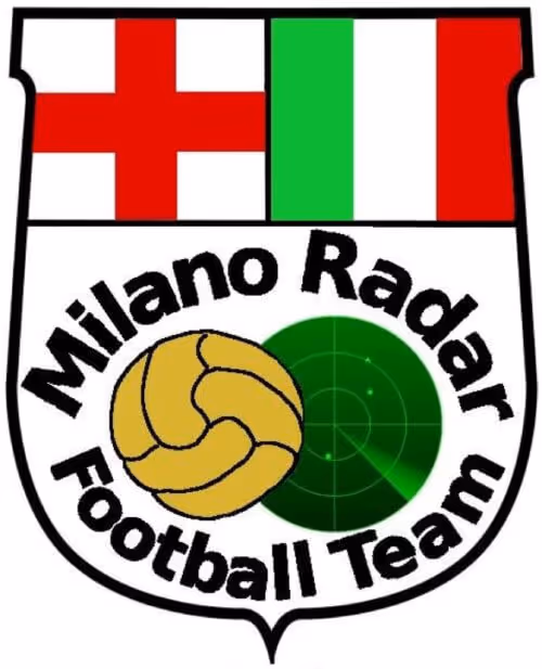 Shield emblem with St. George's Cross and Italian flag at the top, a vintage brown football, and a green radar screen beneath the text 'Milano Radar Football Team'.