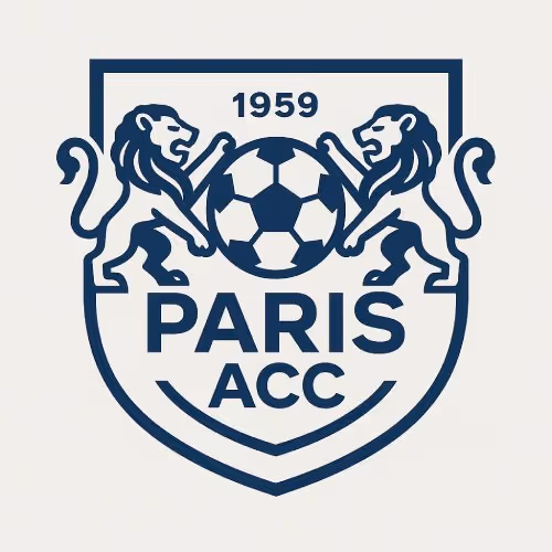Blue emblem with two lions holding a soccer ball, text reading '1959 PARIS ACC'.