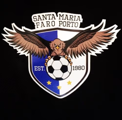 Logo of Santa Maria Faro Porto with an eagle holding a soccer ball, established 1980, on a blue and white shield with three gold stars.
