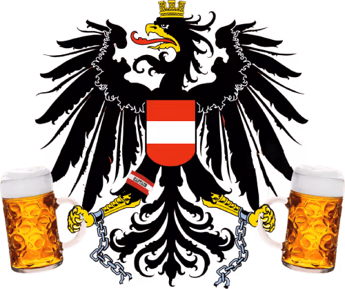 Black Austrian eagle emblem holding two large beer mugs filled with frothy beer, with the national shield on its chest.