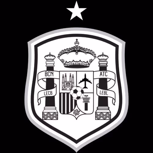Black and white shield emblem featuring a crown, two pillars with banners labeled BCN and ATC, a soccer ball, an airplane, and architectural elements under a star.