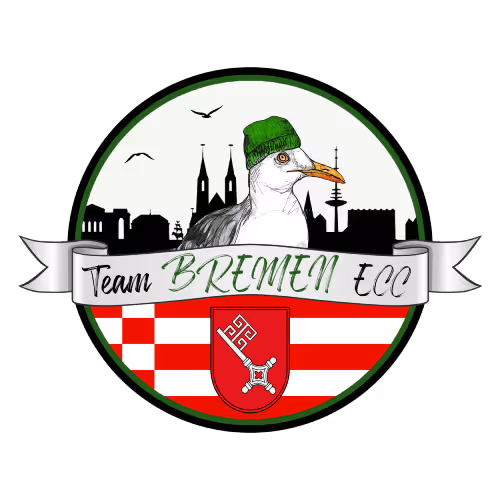 Logo featuring a seagull wearing a green beanie in front of Bremen's city skyline with a red and white striped shield below and a banner reading 'Team BREMEN ECC'.