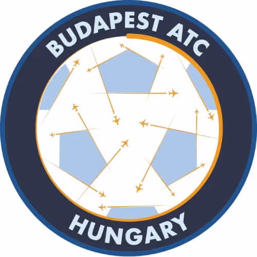 Circular patch with stylized airplanes and pentagons in the center, labeled Budapest ATC Hungary.