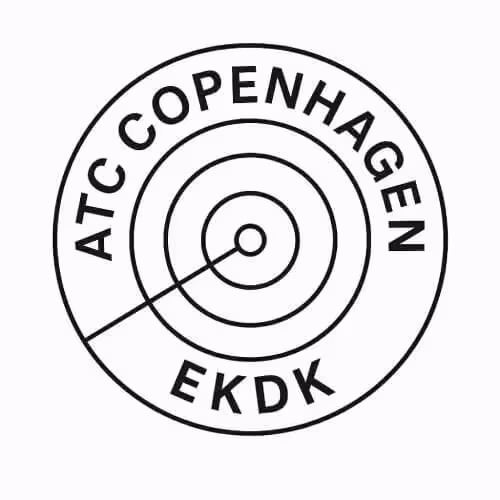 Black and white circular logo with concentric circles and a line through the center, text reads 'ATC Copenhagen' at the top and 'EKDK' at the bottom.