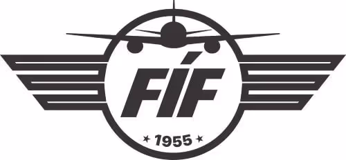 Logo featuring an airplane above the letters FIF with wings extending horizontally and the year 1955 below.