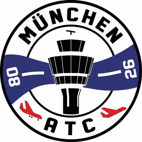 Circular logo featuring an air traffic control tower in black at the center, with the word München arched above and ATC below, and a blue runway ribbon with white numbers 80 and 26 flanked by red airplane silhouettes.