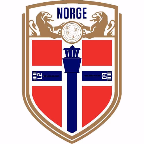 Shield emblem with two brown lions holding a round object above a stylized blue control tower over a red and white cross, with the word 'Norge' at the top.