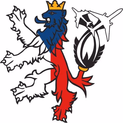 Heraldic lion in white, blue, and red with a golden crown, holding a stylized black and white axe.